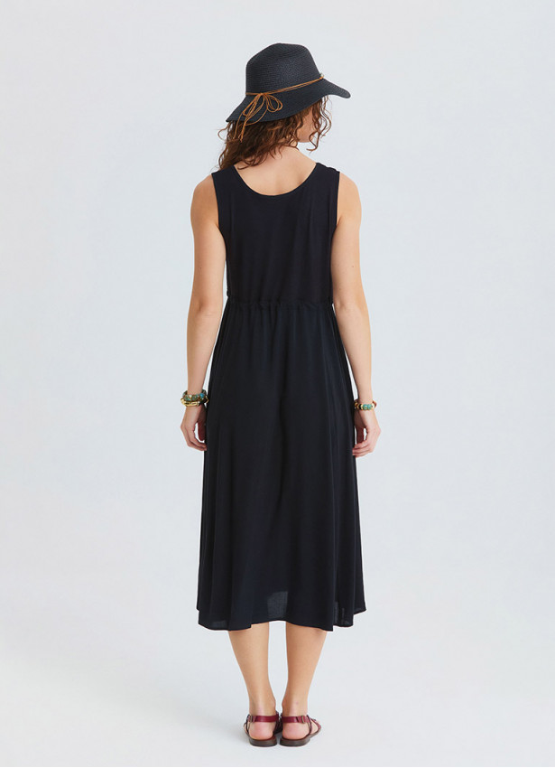 Boat Neck Gathered Detail Black Bohemian Dress 4797