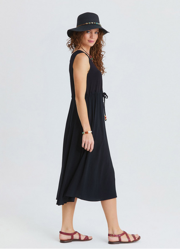 Boat Neck Gathered Detail Black Bohemian Dress 4797