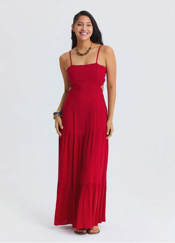 Red Long Dress with Thin Straps and Backless Neckline 4836