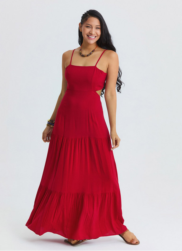 Red Long Dress with Thin Straps and Backless Neckline 4836