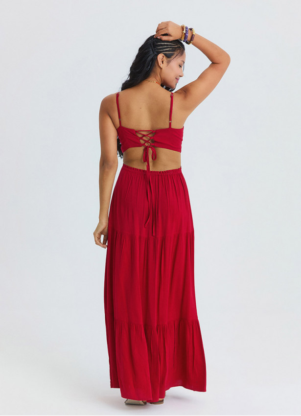 Red Long Dress with Thin Straps and Backless Neckline 4836