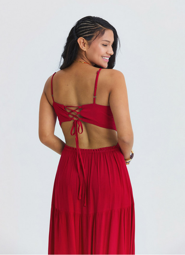 Red Long Dress with Thin Straps and Backless Neckline 4836