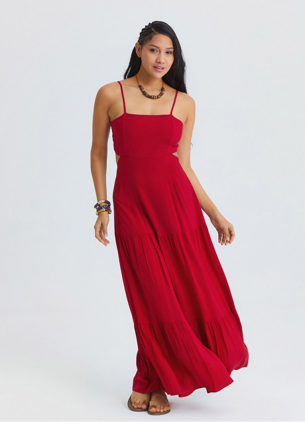 Red Long Dress with Thin Straps and Backless Neckline 4836