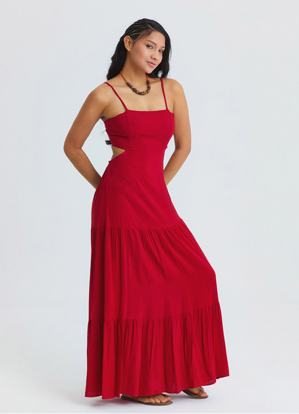 Red Long Dress with Thin Straps and Backless Neckline 4836