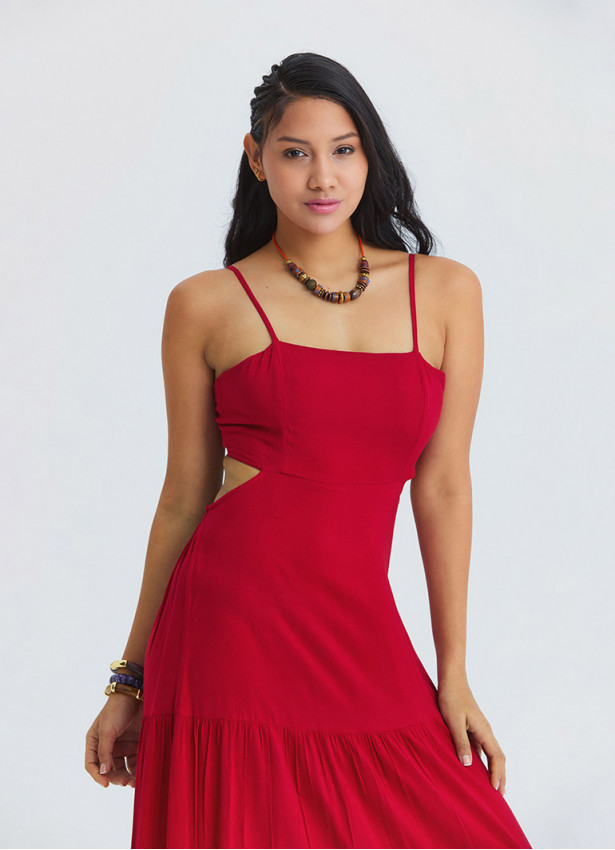 Red Long Dress with Thin Straps and Backless Neckline 4836