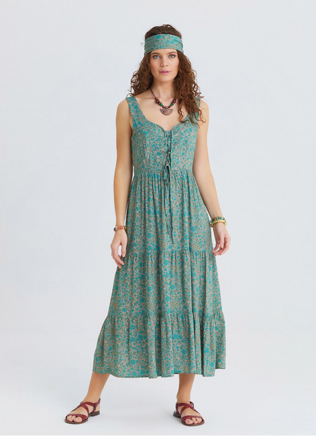 Wide Collar Front Tie Petroleum Flower Dress 4825