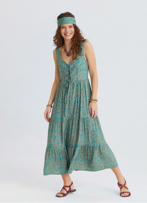 Wide Collar Front Tie Petroleum Flower Dress 4825