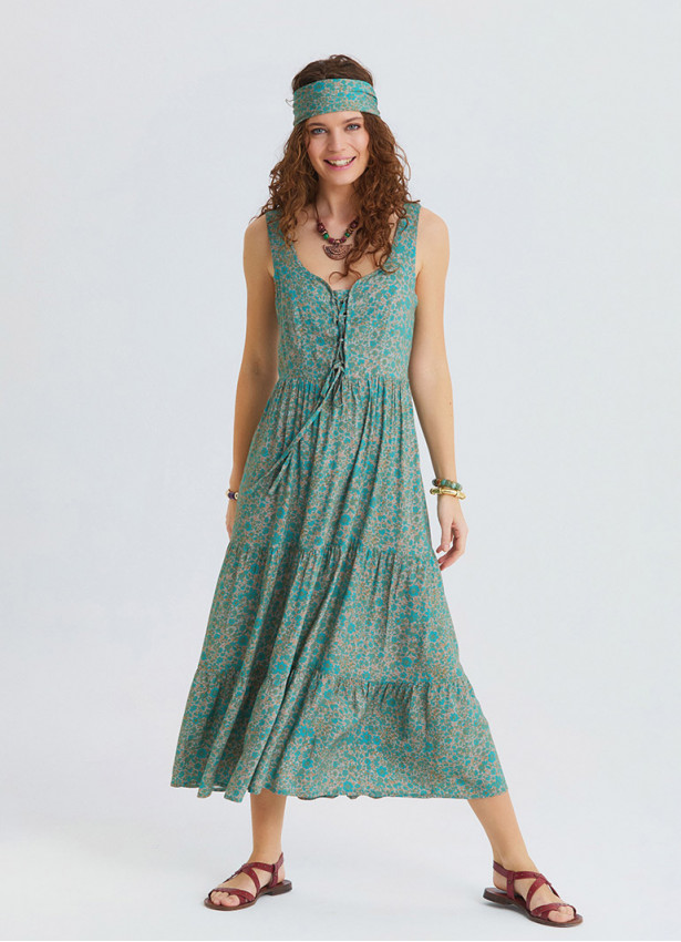 Wide Collar Front Tie Petroleum Flower Dress 4825