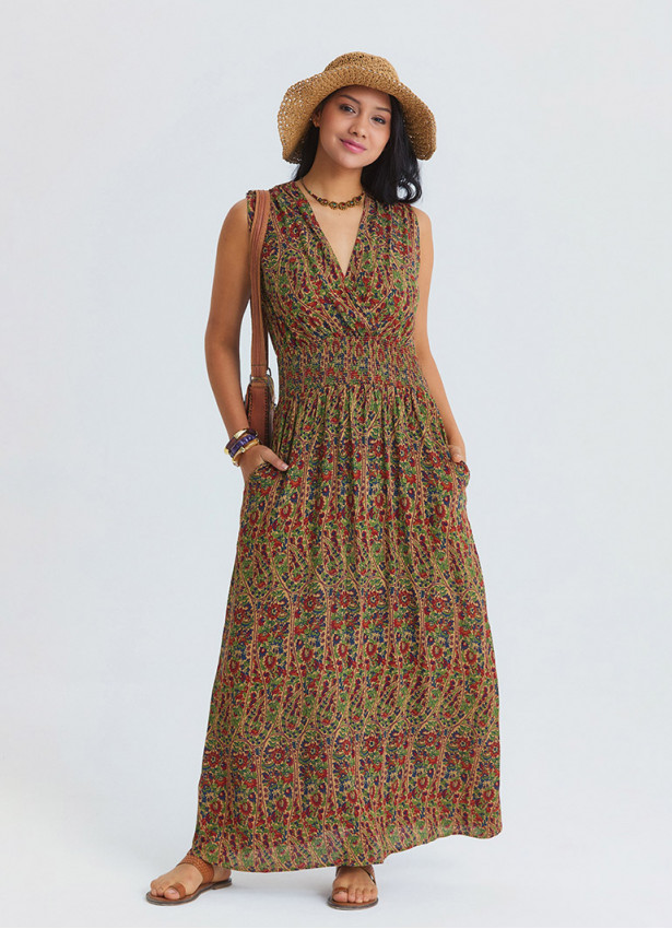 Wrap Neck Elasticated Waist Khaki Floral Dress 4810