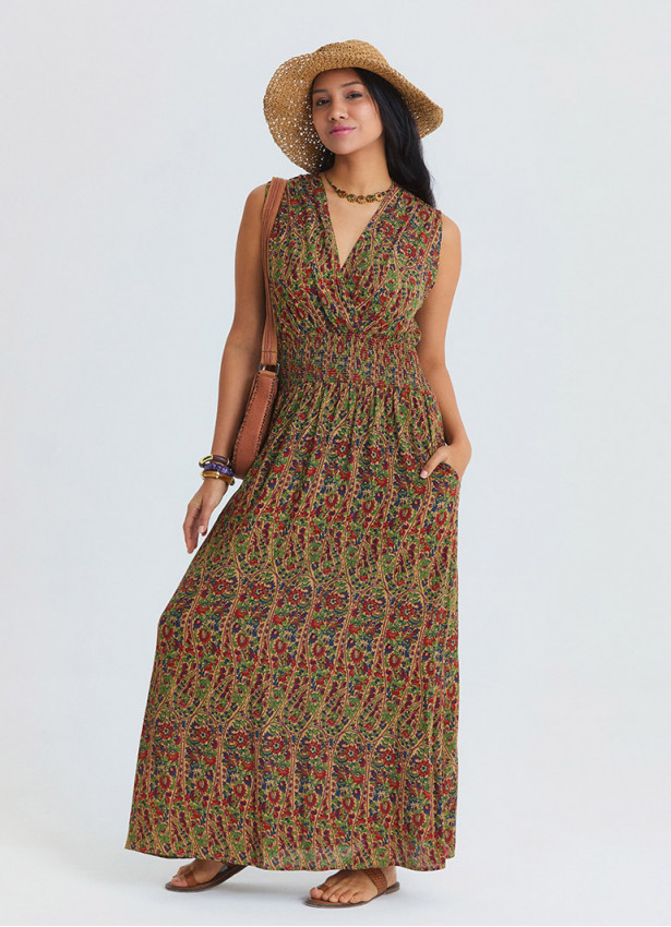 Wrap Neck Elasticated Waist Khaki Floral Dress 4810