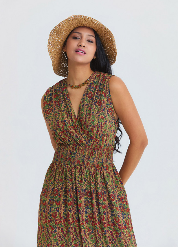 Wrap Neck Elasticated Waist Khaki Floral Dress 4810