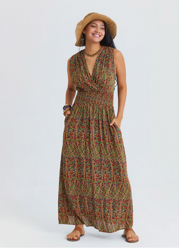 Wrap Neck Elasticated Waist Khaki Floral Dress 4810