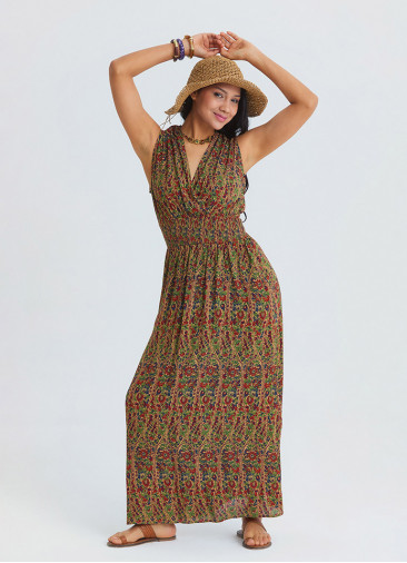 Wrap Neck Elasticated Waist Khaki Floral Dress 4810