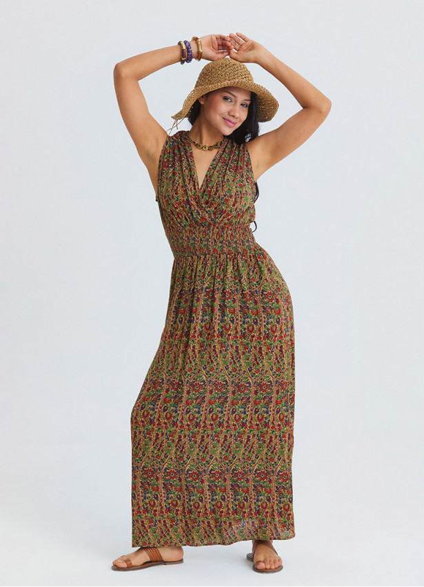 Wrap Neck Elasticated Waist Khaki Floral Dress 4810