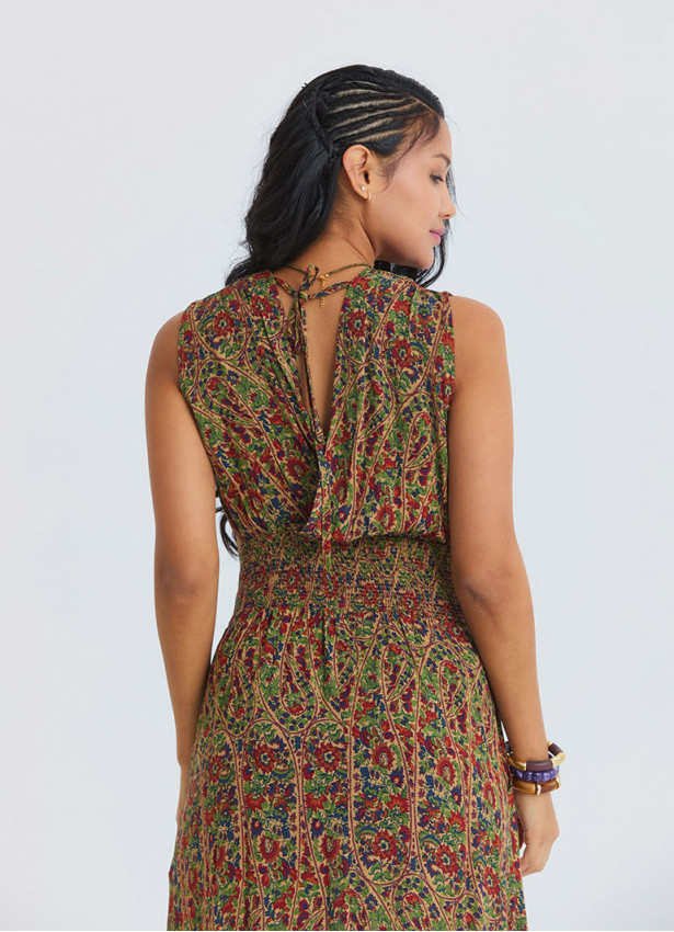 Wrap Neck Elasticated Waist Khaki Floral Dress 4810