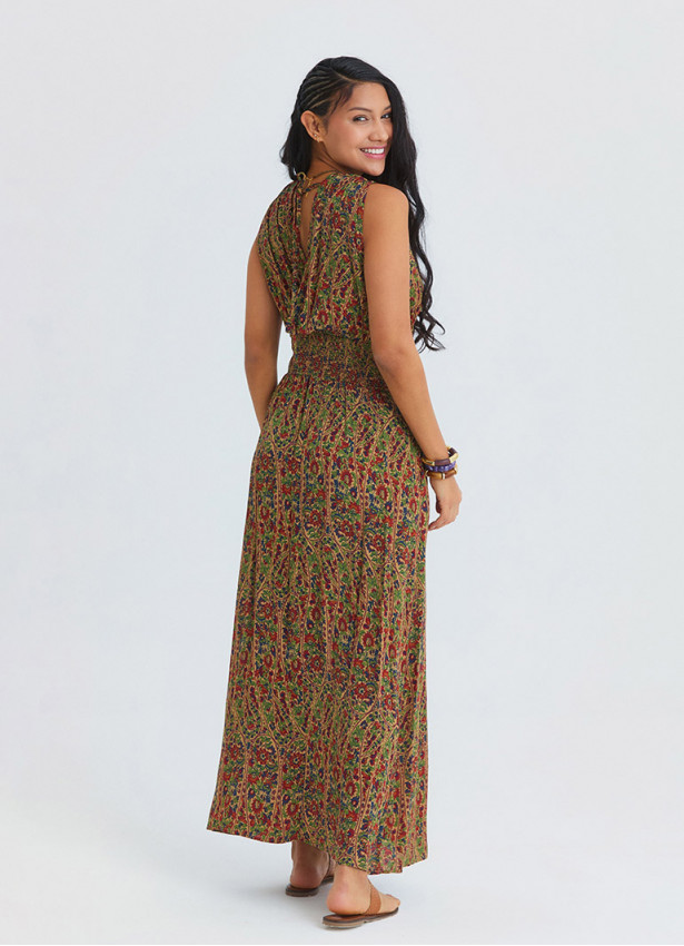 Wrap Neck Elasticated Waist Khaki Floral Dress 4810