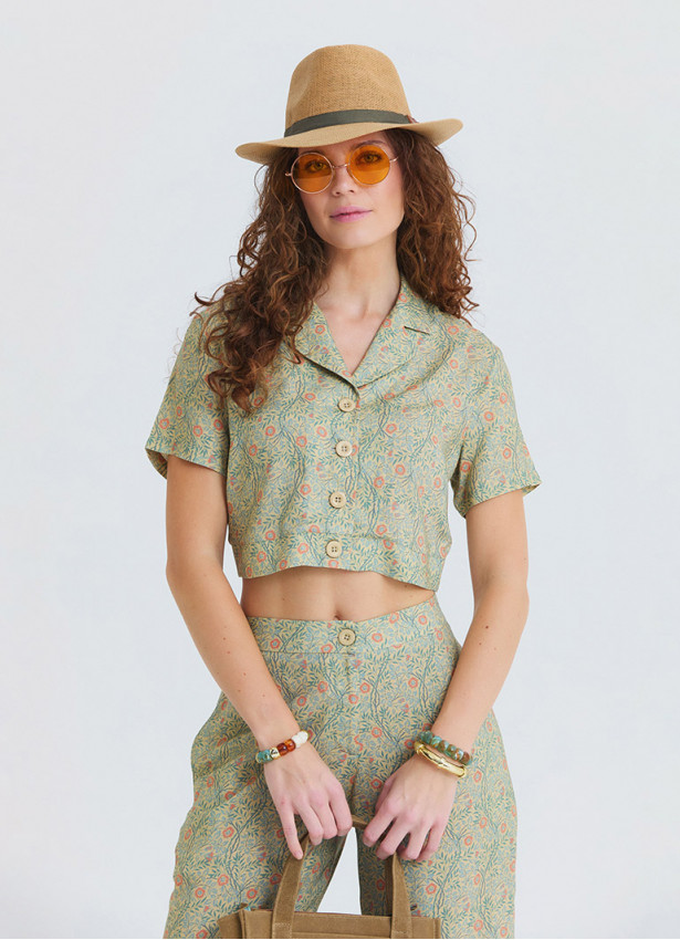 Button Down Collar Blouse with Yellow Flowers 4954