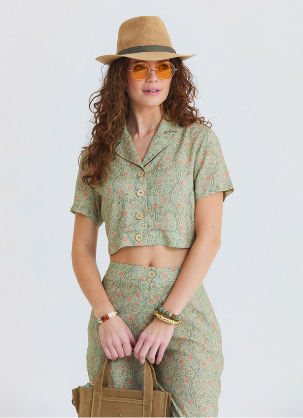 Button Down Collar Blouse with Yellow Flowers 4954