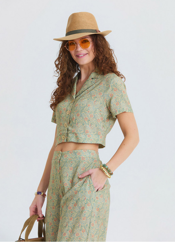 Button Down Collar Blouse with Yellow Flowers 4954