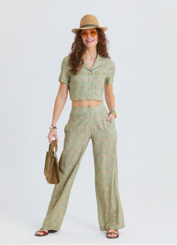 Womens Authentic Pants with a Regular Waist and Yellow Flowers  4947