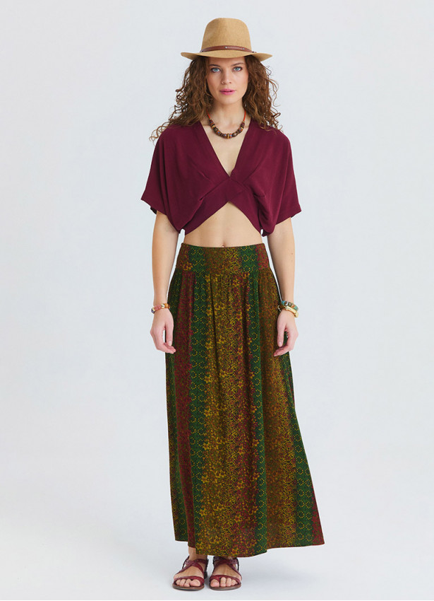 Green Long Skirt with Elasticated Waist and Deep Slit  4912