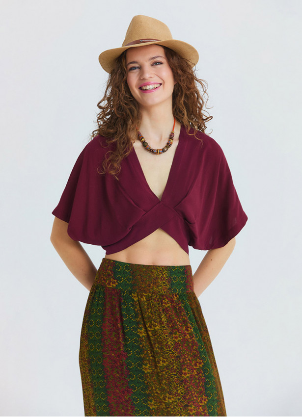 Crossover Neckline Backless Flowing Burgundy Summer Blouse  4881