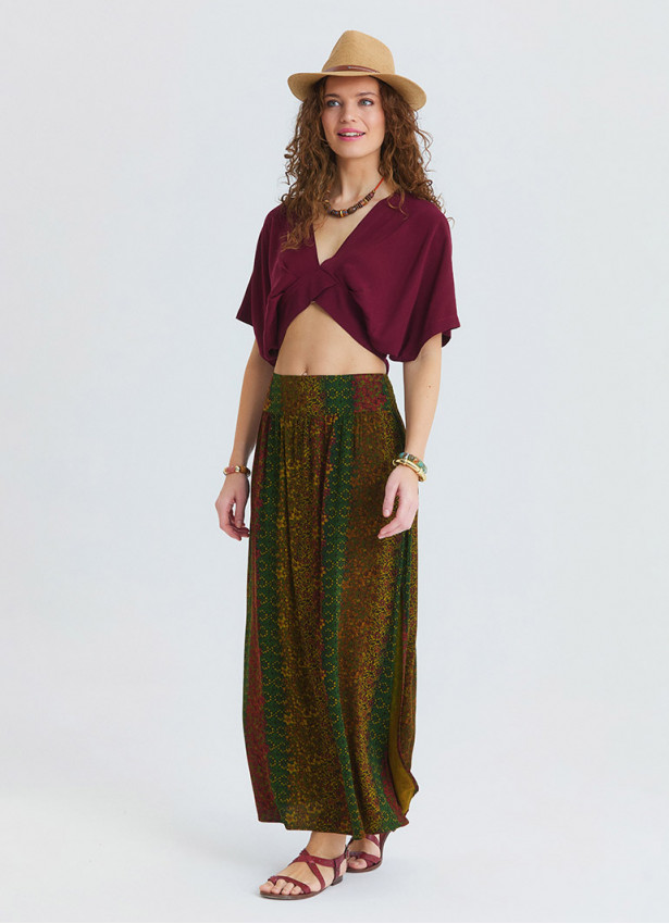 Green Long Skirt with Elasticated Waist and Deep Slit  4912