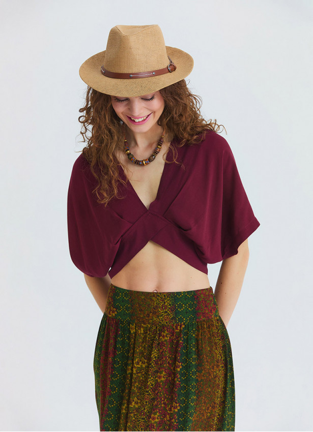 Crossover Neckline Backless Flowing Burgundy Summer Blouse  4881