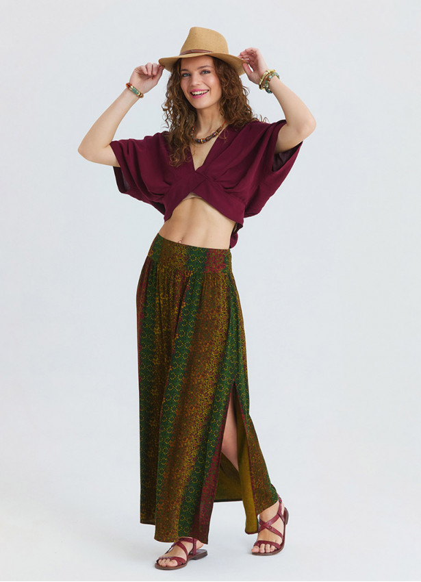 Green Long Skirt with Elasticated Waist and Deep Slit  4912