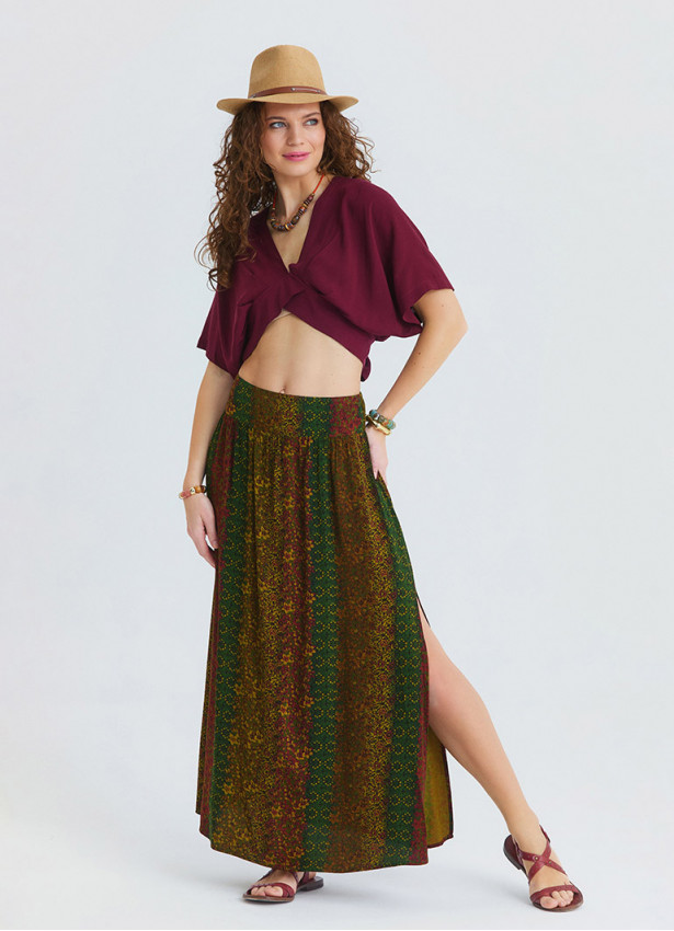 Green Long Skirt with Elasticated Waist and Deep Slit  4912