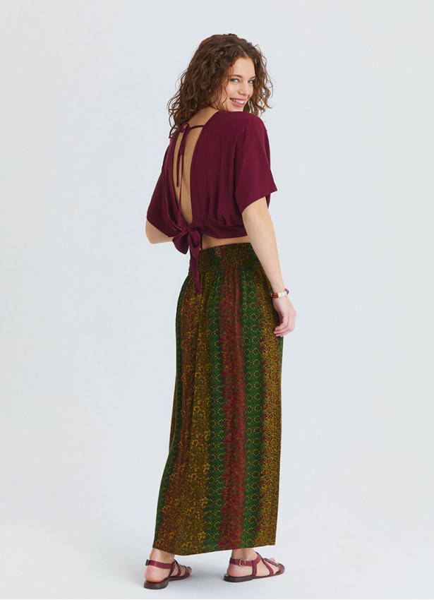 Green Long Skirt with Elasticated Waist and Deep Slit  4912
