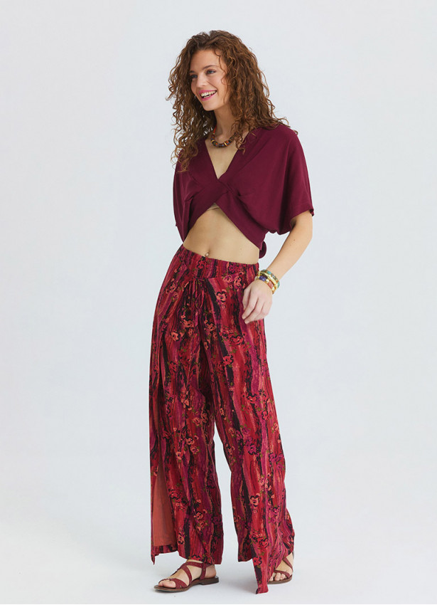 stringed Double Layered Coral Womens High Waisted Trousers 4851