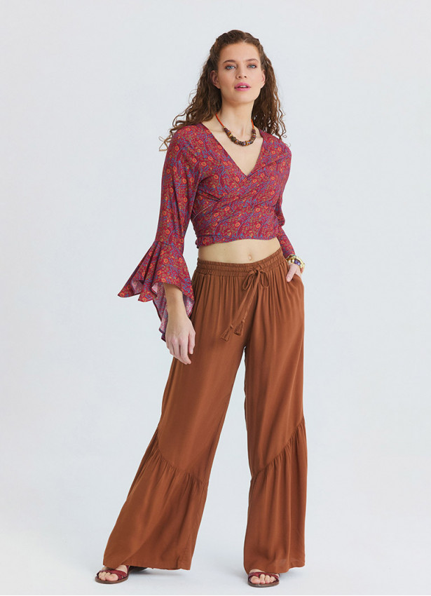 Corded Waistband, Pleated, Pockets  Coffee Coloured Wide Leg Trousers 4859