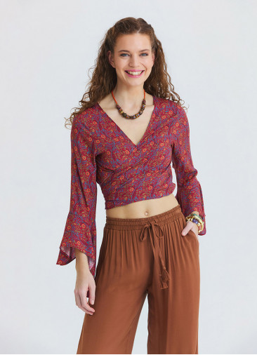 Volant Sleeve Cross Over Cut Red Floral Blouse 4894