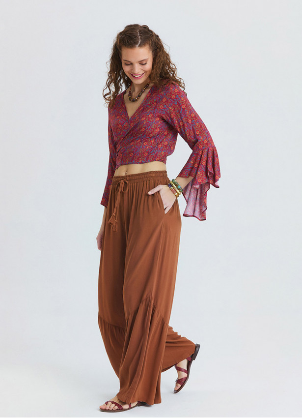 Corded Waistband, Pleated, Pockets  Coffee Coloured Wide Leg Trousers 4859