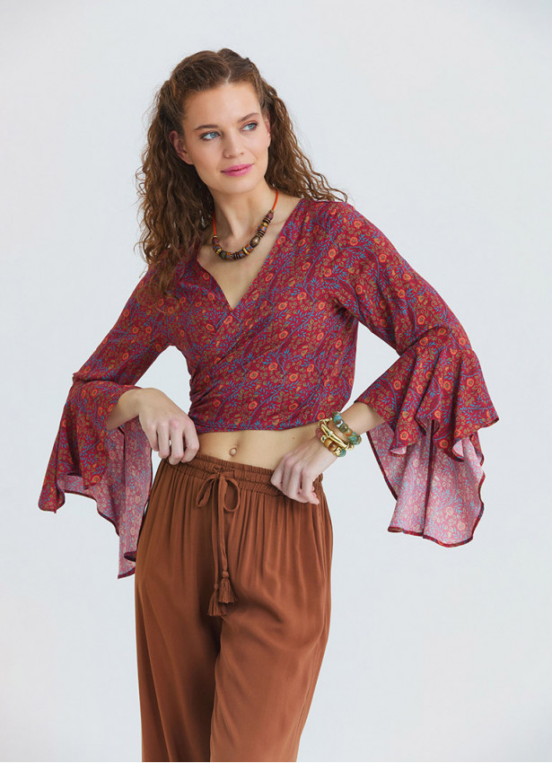 Volant Sleeve Cross Over Cut Red Floral Blouse 4894