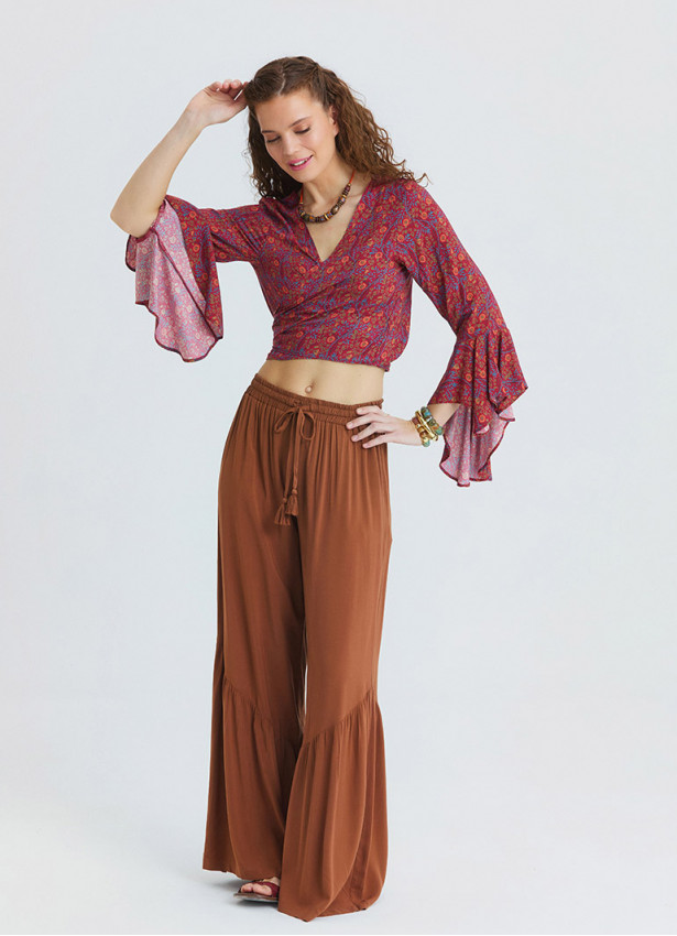 Volant Sleeve Cross Over Cut Red Floral Blouse 4894