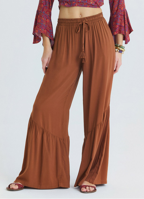 Corded Waistband, Pleated, Pockets  Coffee Coloured Wide Leg Trousers 4859