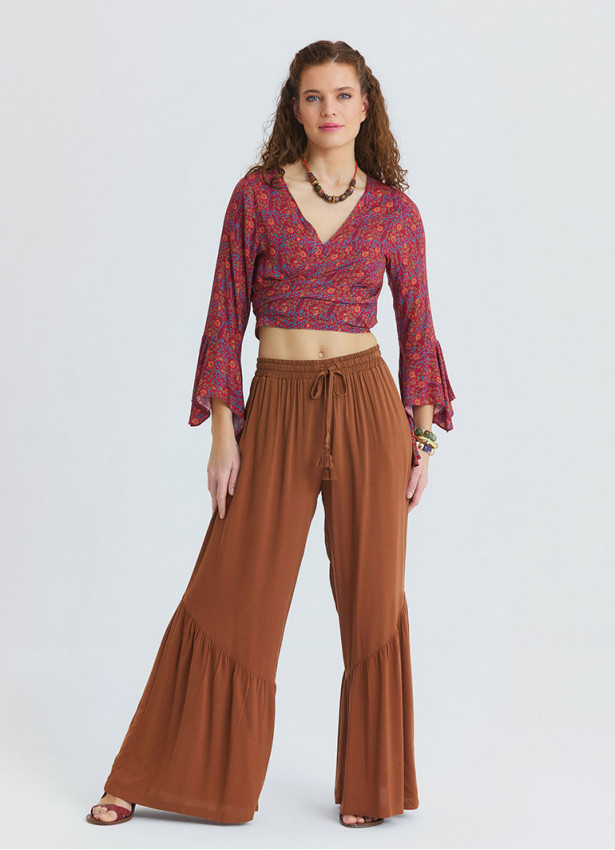 Corded Waistband, Pleated, Pockets  Coffee Coloured Wide Leg Trousers 4859