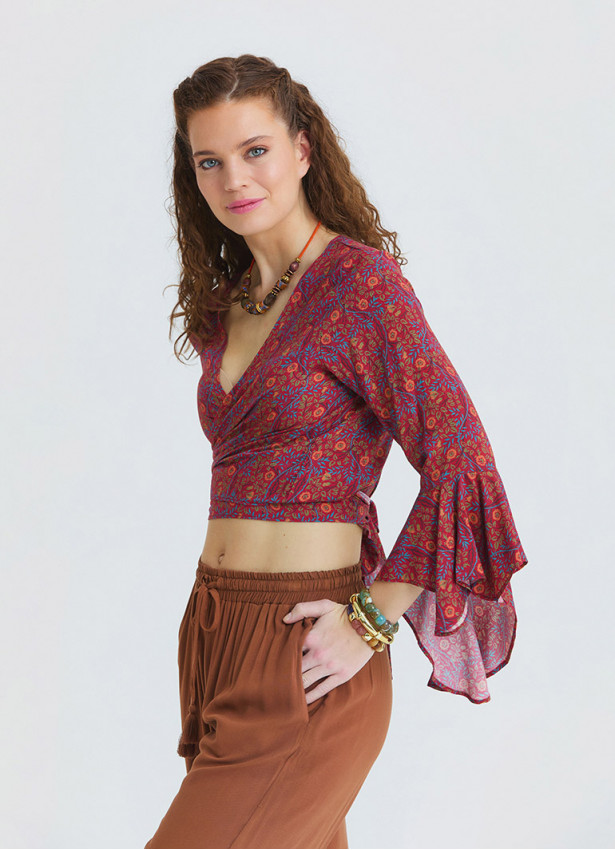 Volant Sleeve Cross Over Cut Red Floral Blouse 4894