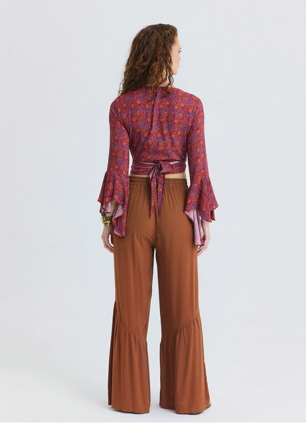 Corded Waistband, Pleated, Pockets  Coffee Coloured Wide Leg Trousers 4859