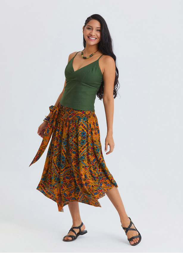 Gipe Detailed Belted Mustard Flower Skirt 4899