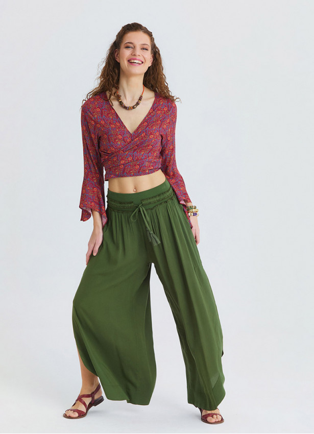 Khaki Womens Summer Trousers with Elasticated Waist and Side Slits 4922