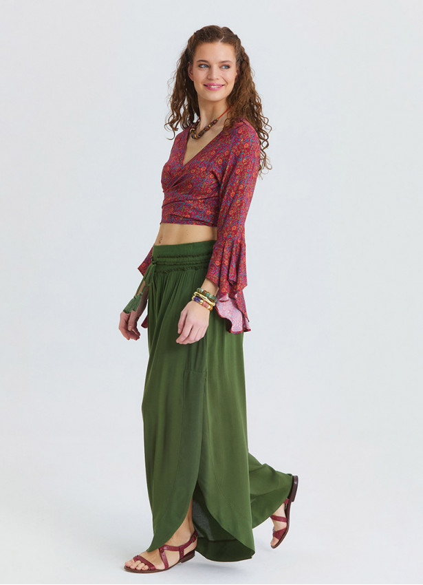 Khaki Womens Summer Trousers with Elasticated Waist and Side Slits 4922