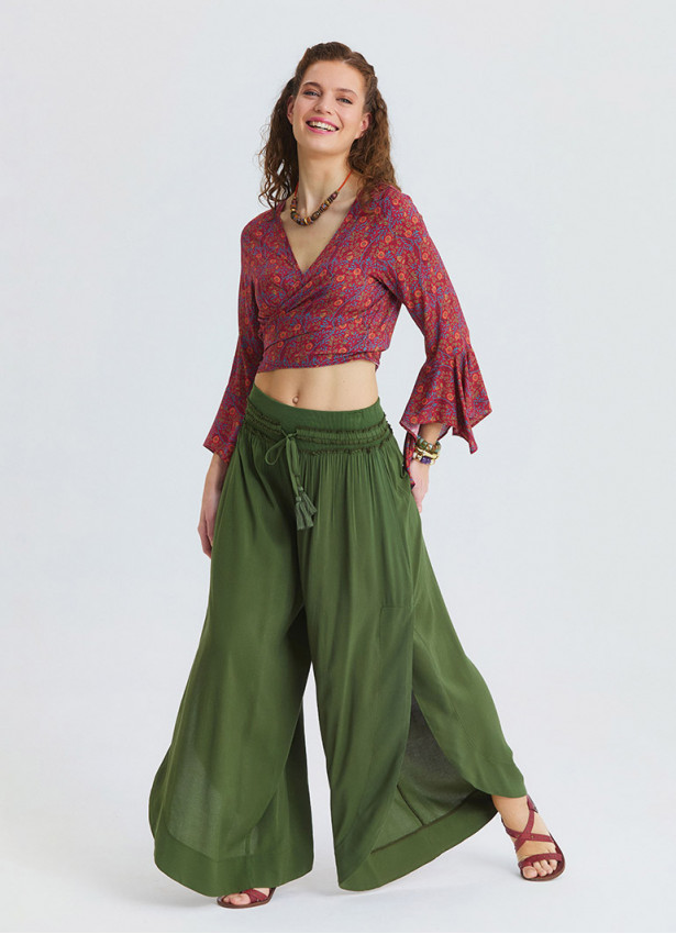 Khaki Womens Summer Trousers with Elasticated Waist and Side Slits 4922