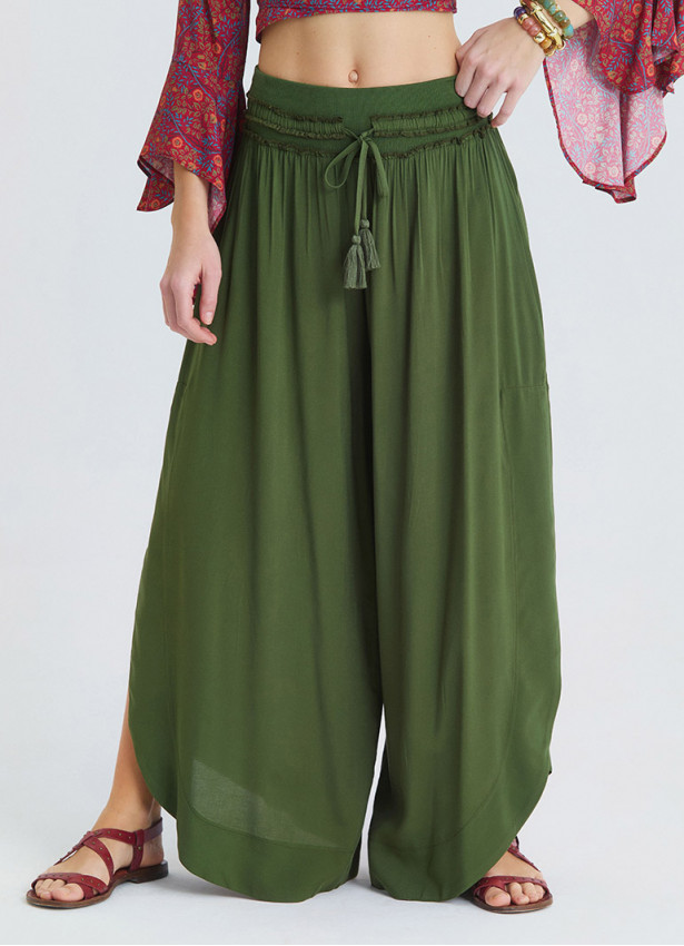 Khaki Womens Summer Trousers with Elasticated Waist and Side Slits 4922