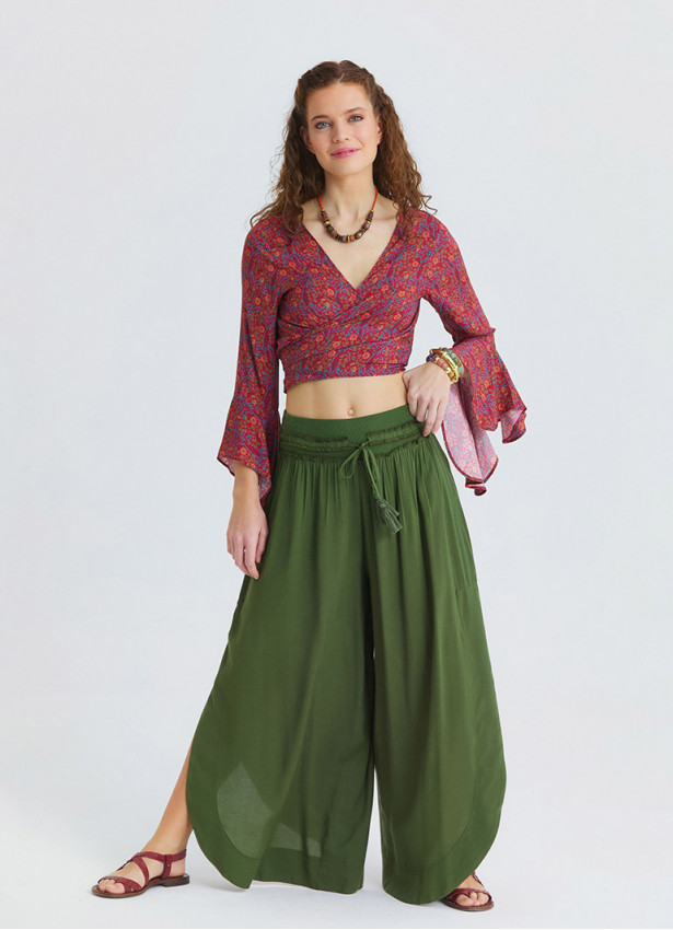 Khaki Womens Summer Trousers with Elasticated Waist and Side Slits 4922