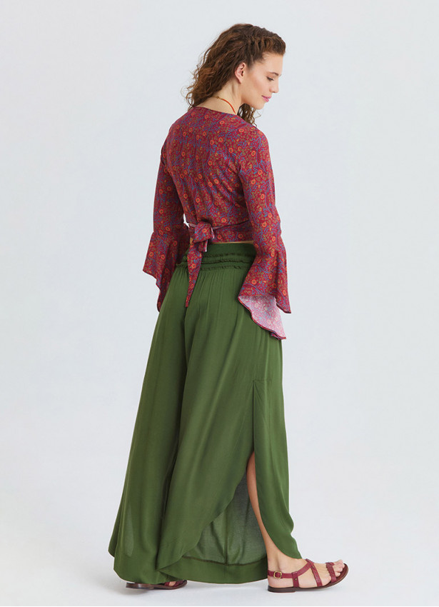 Khaki Womens Summer Trousers with Elasticated Waist and Side Slits 4922