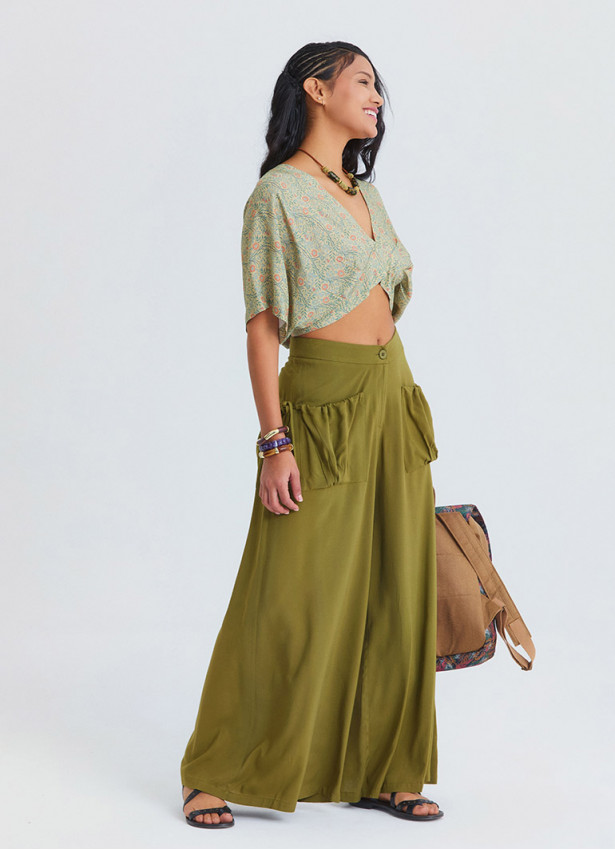 Loose Fit Green Womens Baggy Trousers with Pocket Detail 4867