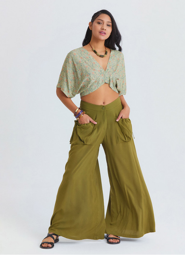 Loose Fit Green Womens Baggy Trousers with Pocket Detail 4867